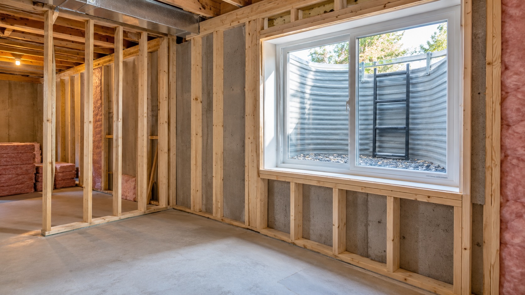 Basement bedroom egress window construction in Edmonton