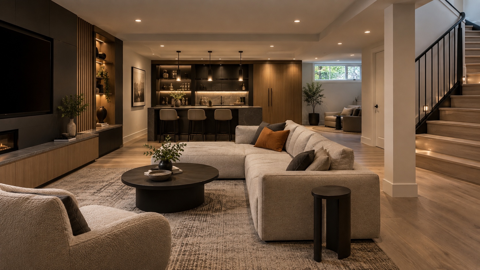 Completed modern basement development in an Edmonton home
