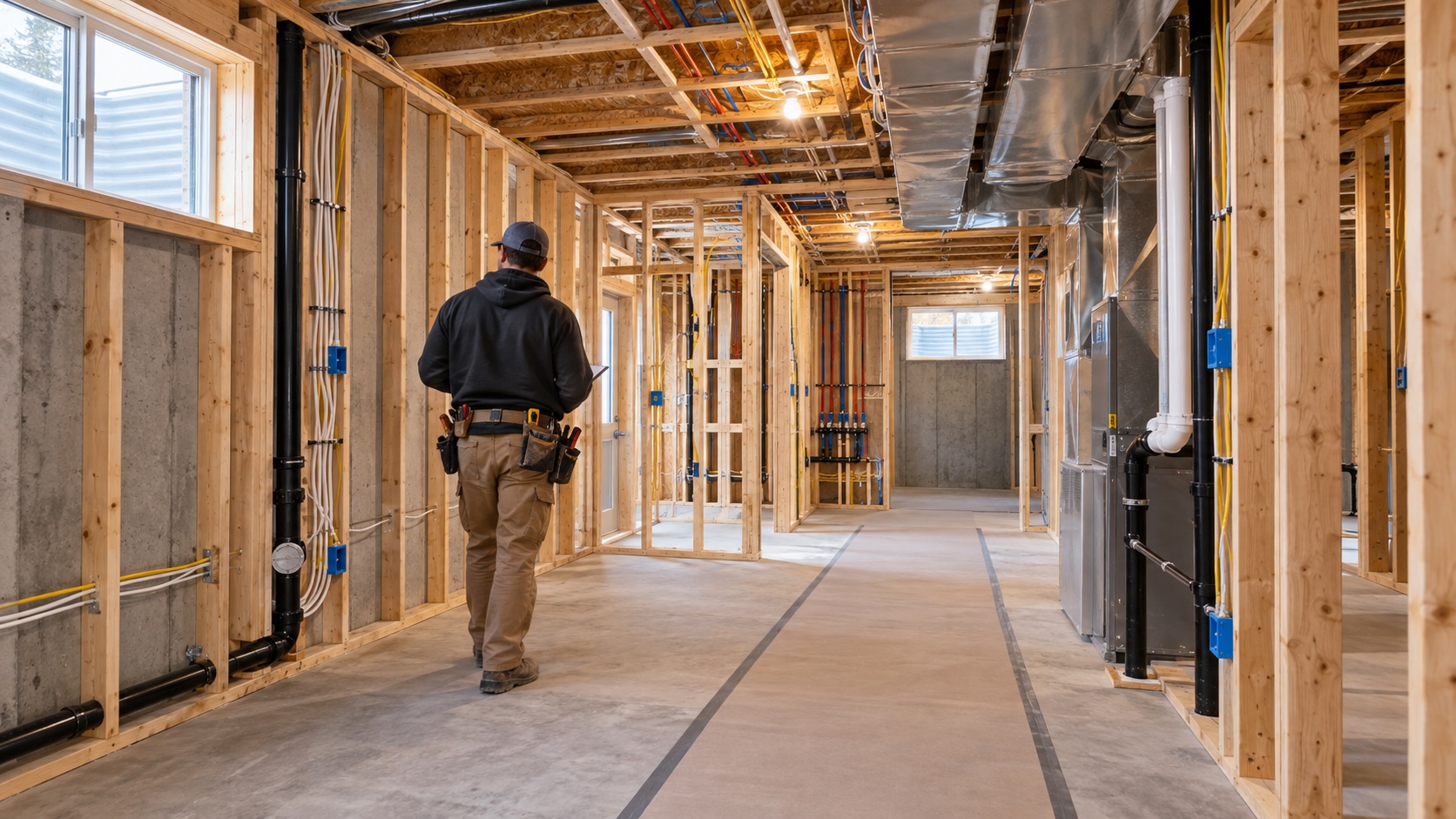 Basement framing and rough construction during an Edmonton development