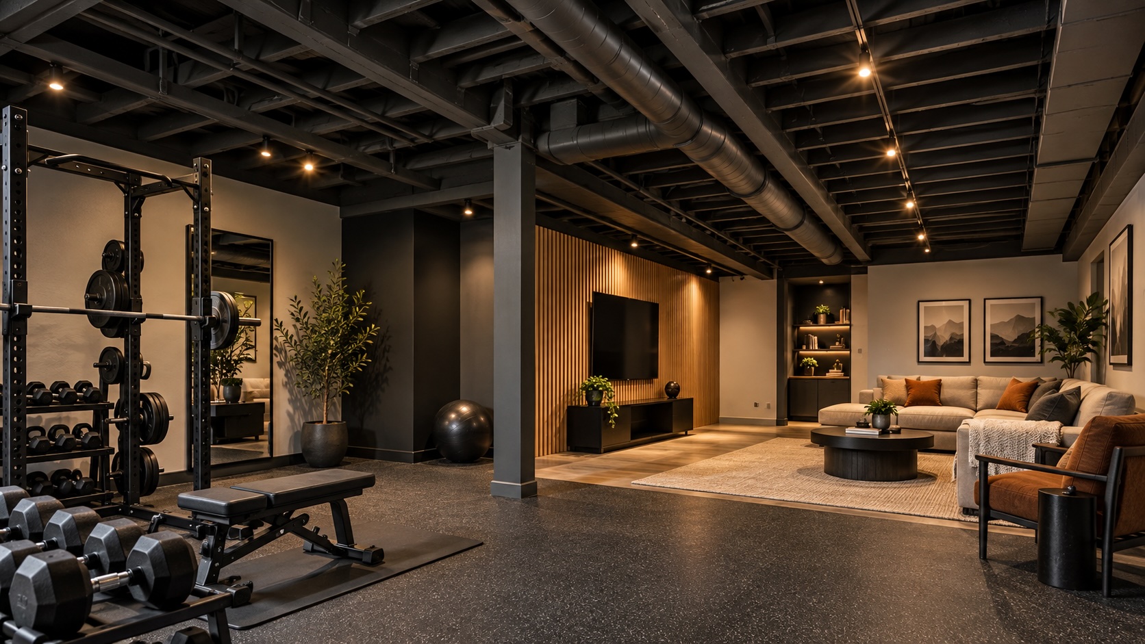 Open painted ceiling in a modern Edmonton basement renovation
