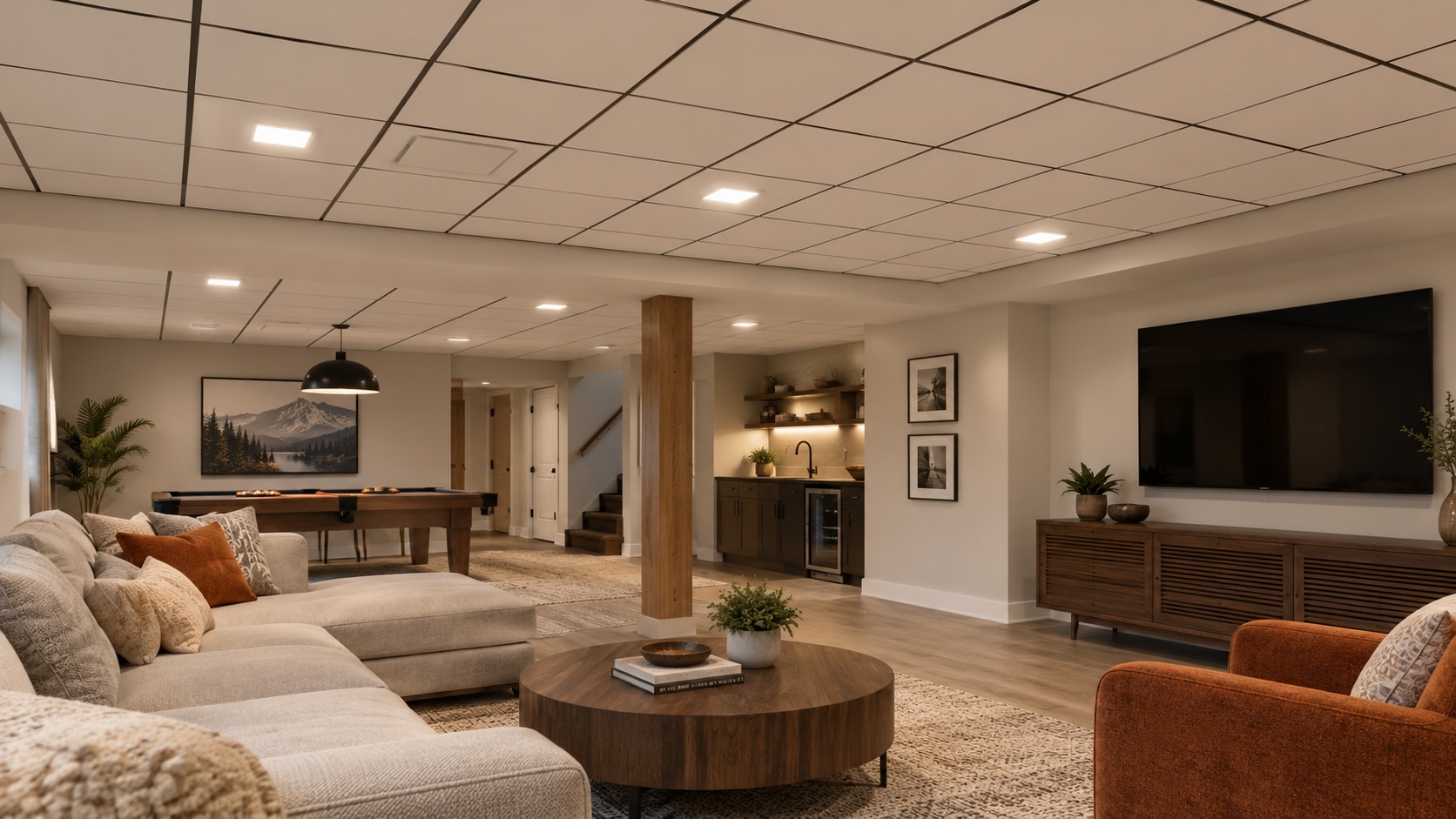 Modern drop ceiling panels in a finished Edmonton basement