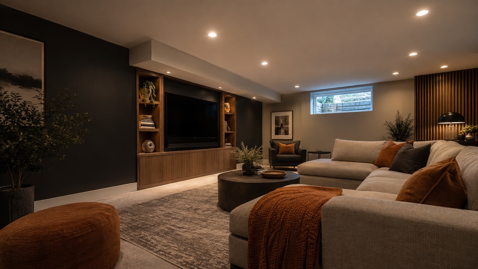 Smooth drywall basement ceiling with recessed lighting in an Edmonton renovation