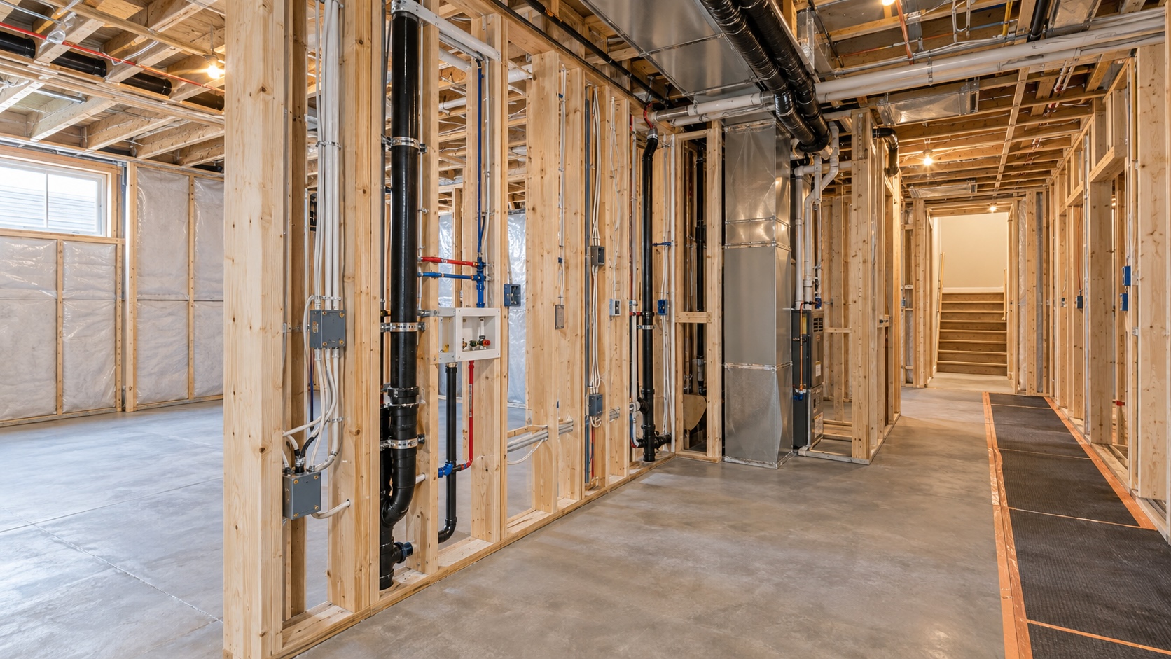 Basement framing, electrical and plumbing during construction