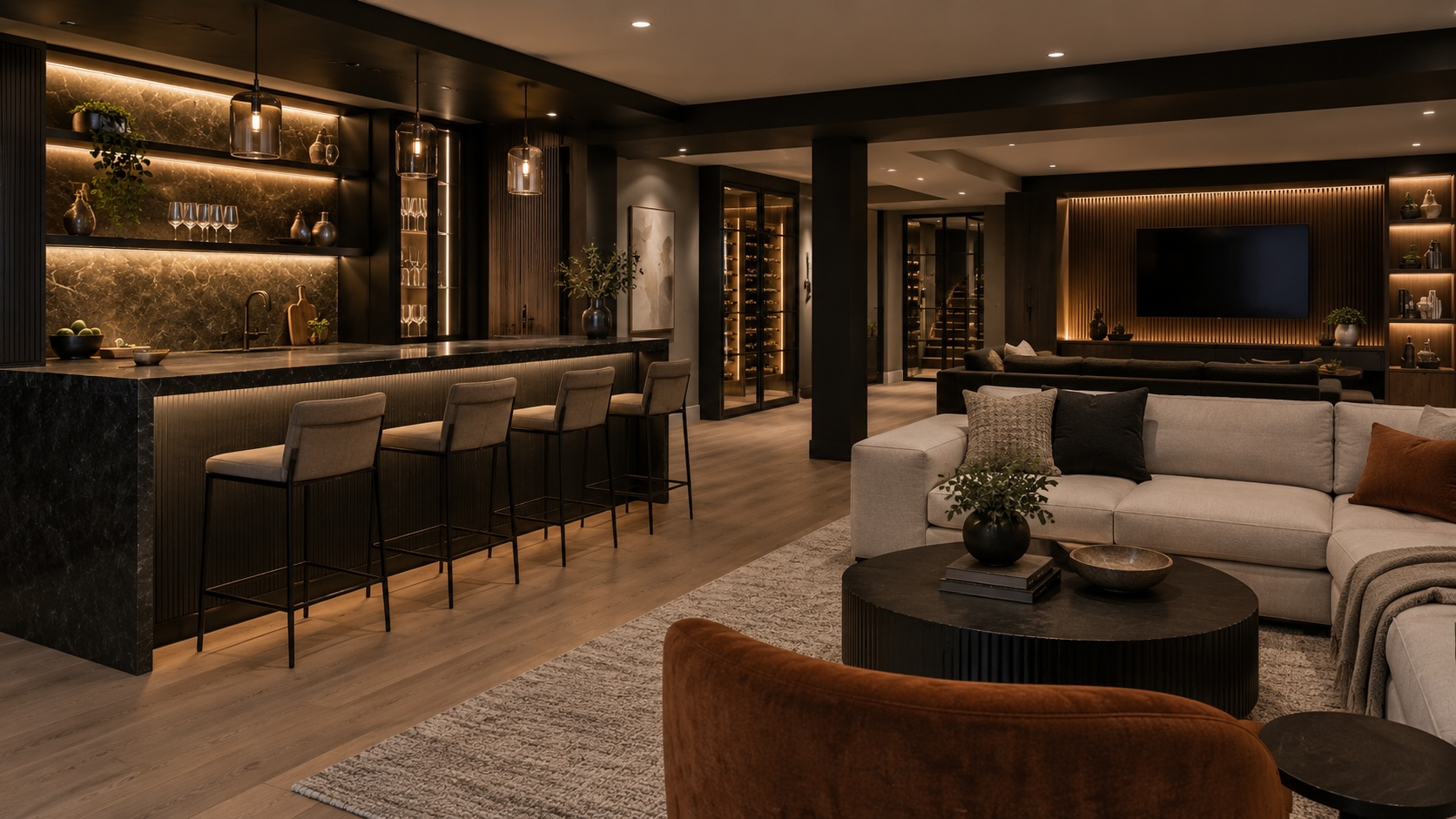 Finished basement bar and entertainment space