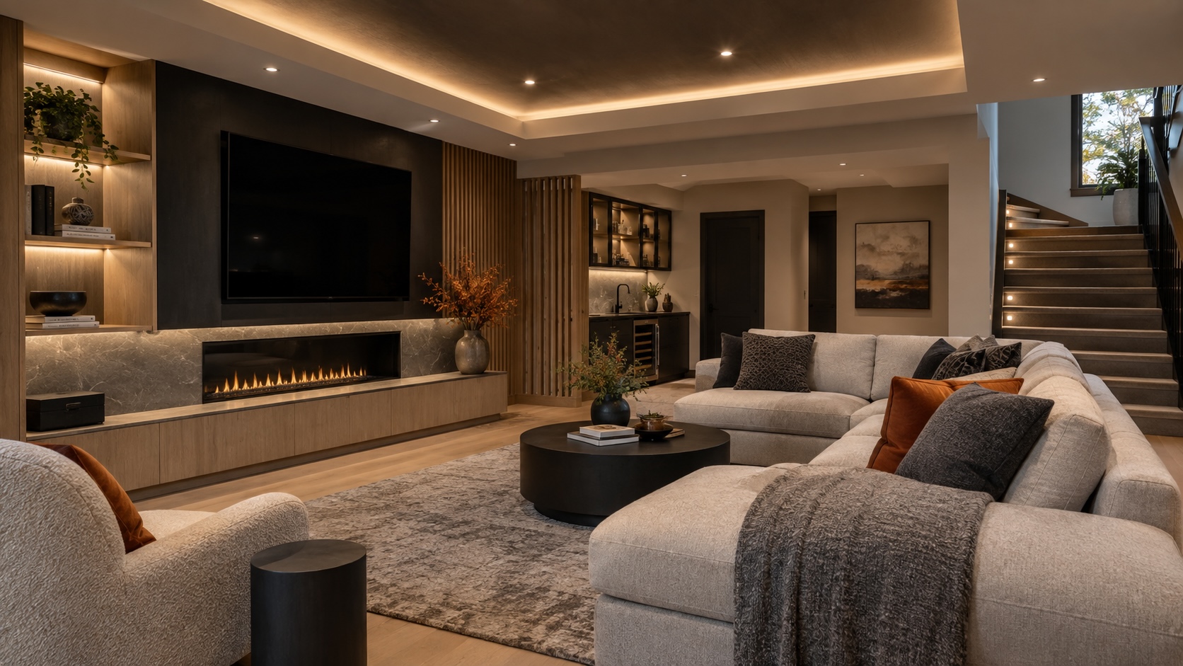 Modern finished basement living room designed for winter comfort